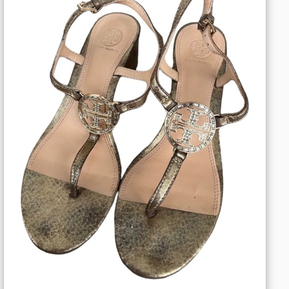 Tory Burch T-Strap Violet Platinum Gold Sz 10M Slingback Thong Heel Sandal - Picture 4 of 10